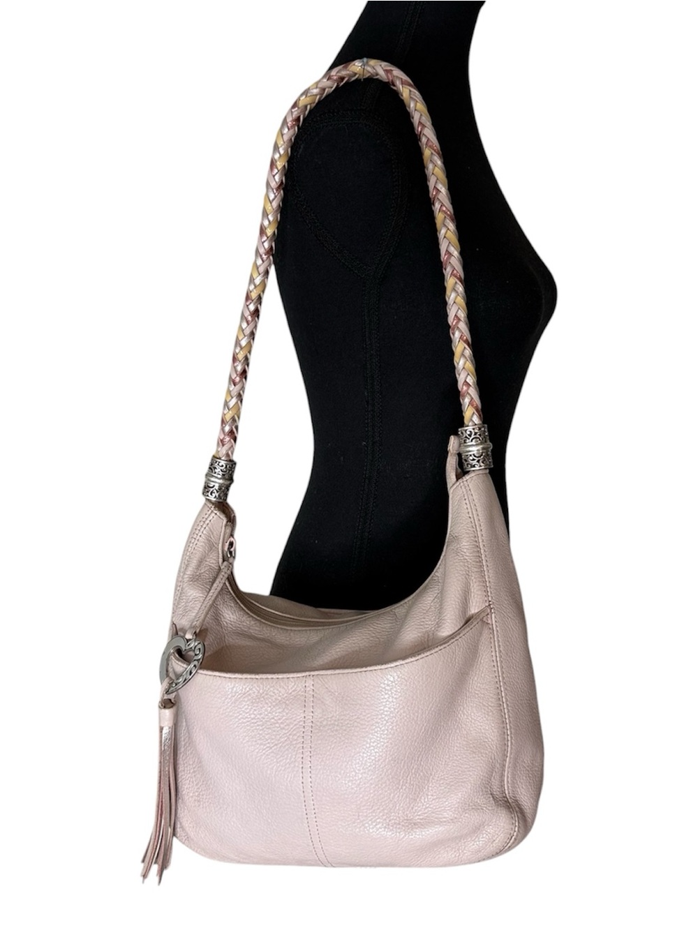 BRIGHTON Pale Pink Leather Barbados Hobo Shoulder Bag Braided Strap Tassel
